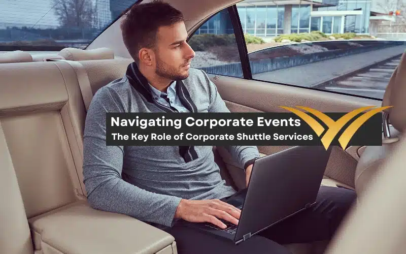 Corporate shuttle service illustration with a business traveller using a laptop