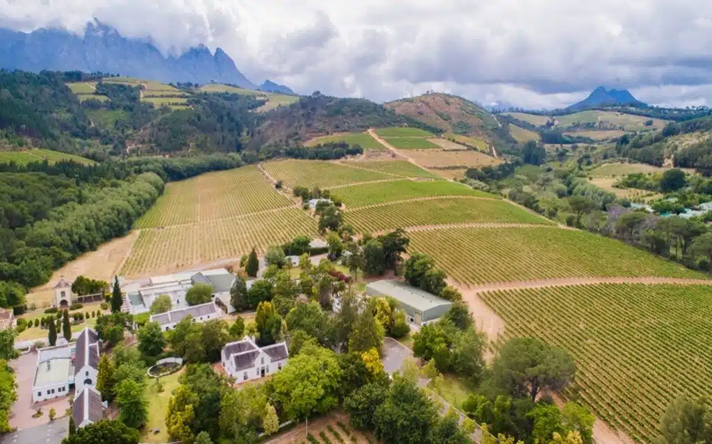 Aerial view of a Cape Winelands wine estate and surrounding vineyards