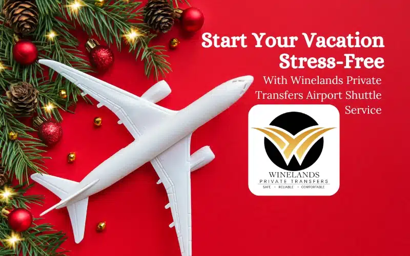 Holiday airport shuttle illustration with an aeroplane and festive decorations