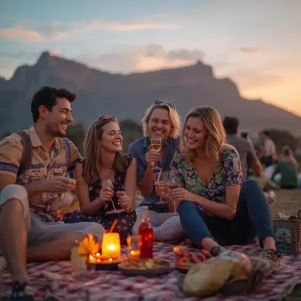 Friends sharing a candlelit outdoor gathering with Table Mountain in the background