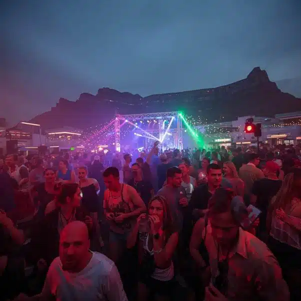 Crowd enjoying an outdoor evening concert beneath Table Mountain