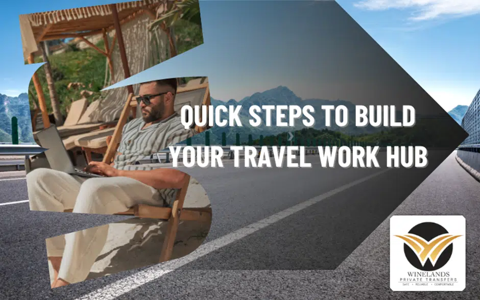 Travel work hub illustration showing a traveller working on a laptop