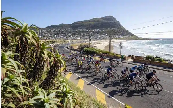 Cyclists riding a coastal road beside the ocean