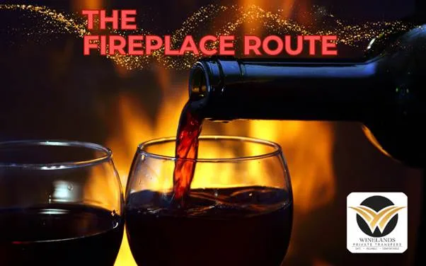 The Fireplace Route illustration with red wine beside a fire