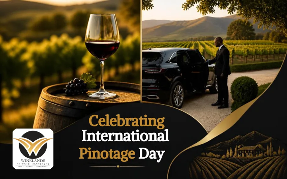 International Pinotage Day illustration with wine, vineyards and a private chauffeur